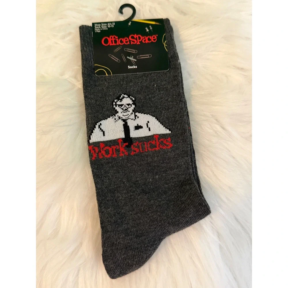 Office Space Milton Work Sucks Crew Socks Gray Mens Shoe Size 6.5-12 NEW